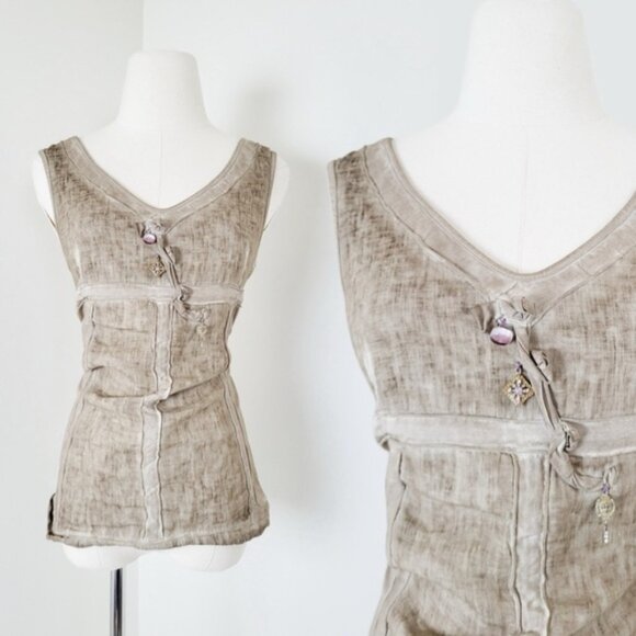 Vintage Tops - Tan Tank Top Sleeveless Vneck Babydoll Empire Waist Panelling Panels Fitted